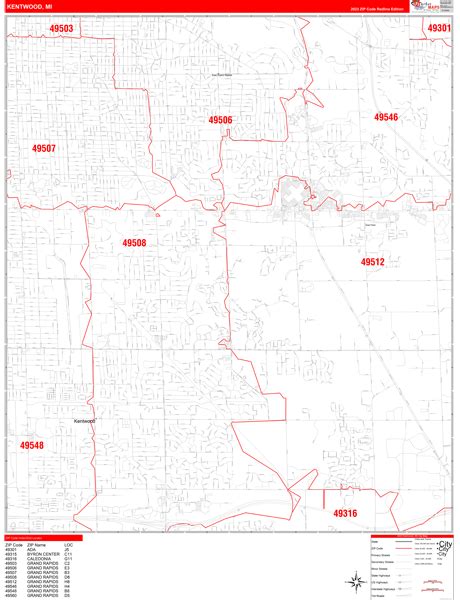 Kentwood, MI Wall Map Red Line Style