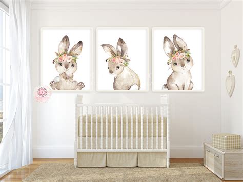 3 Boho Bunny Rabbit Wall Art Print Woodland Feather Nursery Baby Girl – Pink Forest Cafe