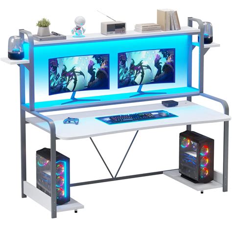Buy SEDETA White Gaming Desk, 55" Computer Desk with Storage, LED ...
