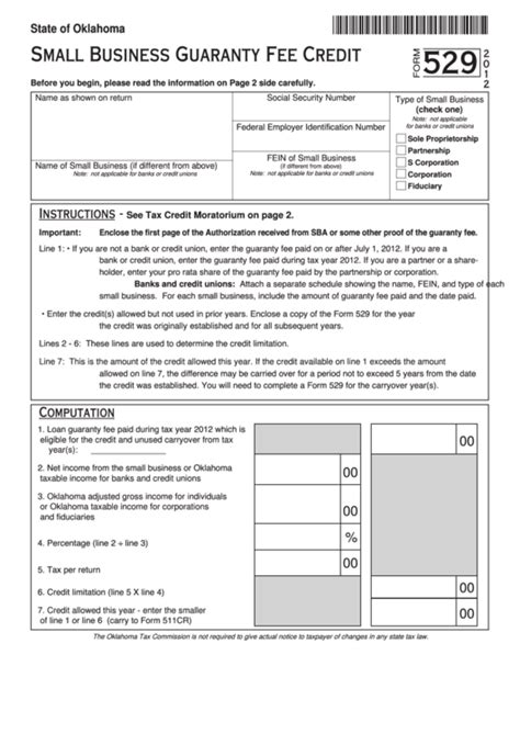 Fillable Form 529 - Small Business Guaranty Fee Credit - 2012 printable ...