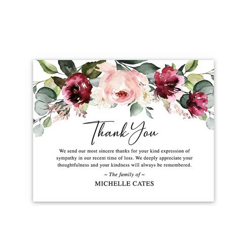 Funeral thank you notes with beautiful burgundy and blush flowers and ...
