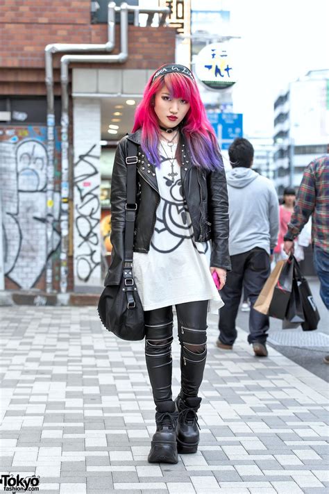 Pink Purple Dip Dye, Leather Jacket, Zipper Pants & Demonia in Harajuku | Tokyo fashion ...