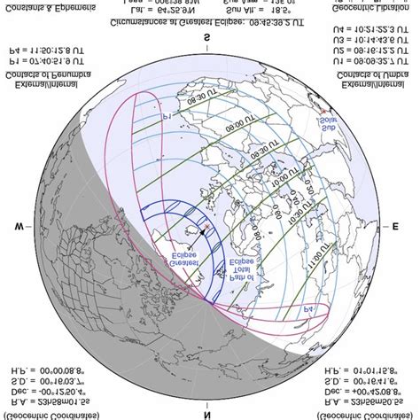 Map of the March 20, 2015, eclipse path on Earth. Total eclipse is ...