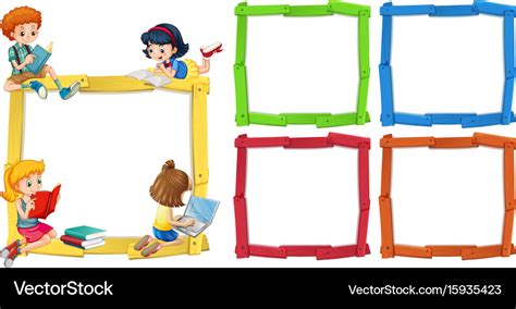 Frame template with happy children reading books Vector Image