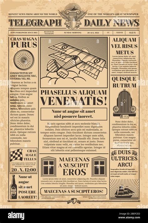 Old newspaper vector template. Retro newsprint with text and images. Newspaper vintage with text ...