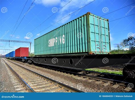 Cargo Containers Transportation on Freight Train by Railway. Intermodal ...