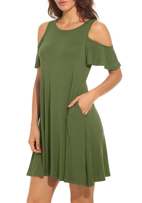 ladies army green dress - loose fit ruffle sleeve cold shoulder outfit