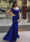 Mermaid Off Shoulder V Neck Sweep Royal Blue Satin Formal Evening Dres ...