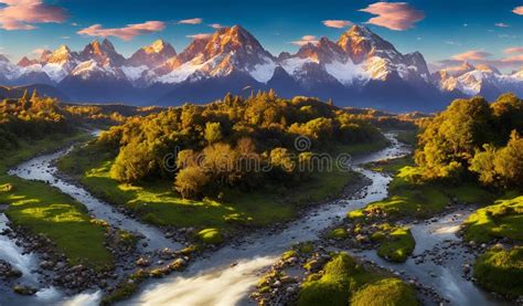 Fantastic Landscape with a Meandering River and Mountains , AI Generated Stock Illustration ...