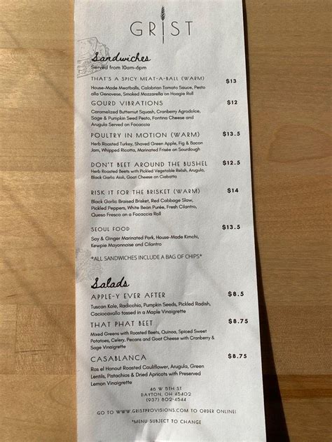 Menu at Grist restaurant, Dayton, 46 W 5th St