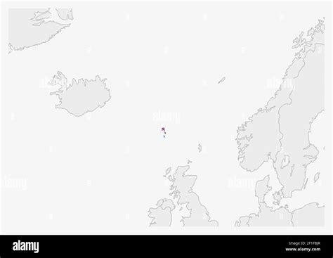 Faroe Islands map highlighted in Faroe Islands flag colors, gray map with neighboring countries ...