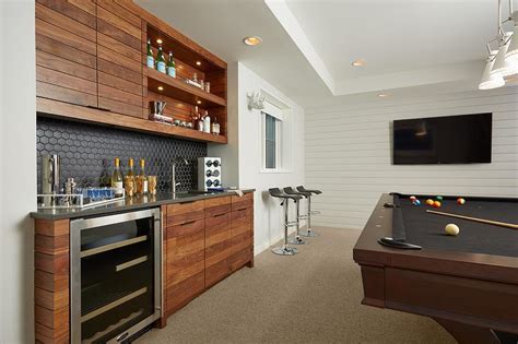 Game Room Wet Bar with Black Hex Tile Backsplash - Contemporary - Media Room