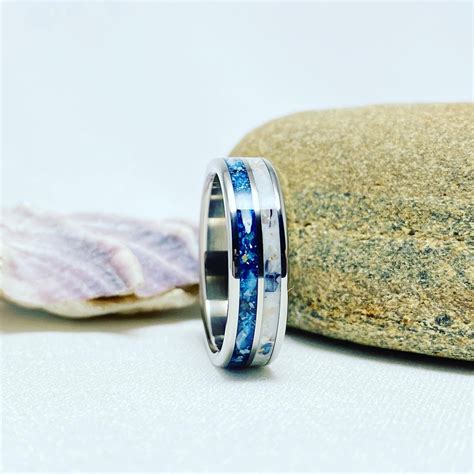 Cremation Ring - Titanium w/Two Inlays - White and Vibrant Blue ...