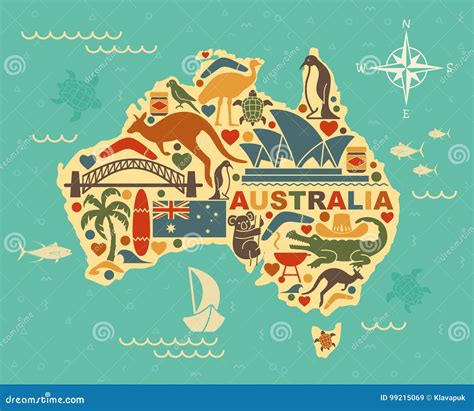 Stylized Map of Australia with the Symbols of Australian Culture and ...