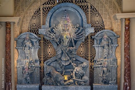 Idol of Goddess Devi Durga at a decorated puja pandal in Kolkata, West Bengal, India. Durga Puja ...