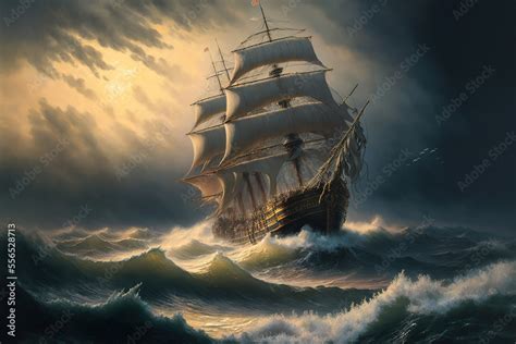 a painting of a ship in the ocean, water, storm, art illustration Stock ...