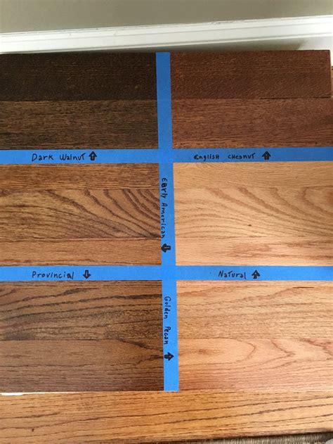 Floor stain samples. Minwax Dark walnut, English Chestnut, Natural, Golden Pecan, Provincial ...