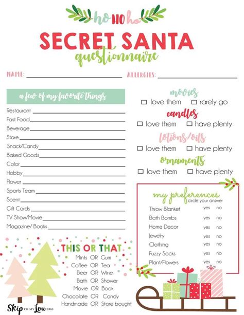 Secret Santa Questionnaire | Skip To My Lou | Work secret santa, Secret ...