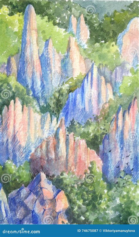 Mountains watercolor stock illustration. Illustration of outdoor - 74675087