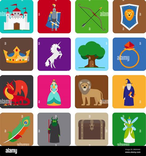 Fairy tale flat icons. Fairytale game colorful symbols. Vector ...