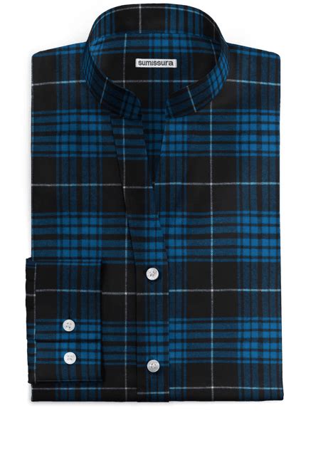 Blue plaid banded collar flannel Shirt | Sumissura