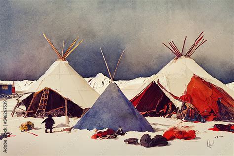 Wigwam tents of the eskimo people in Alaska. Inuit people settlement with traditional Tupiq tent ...