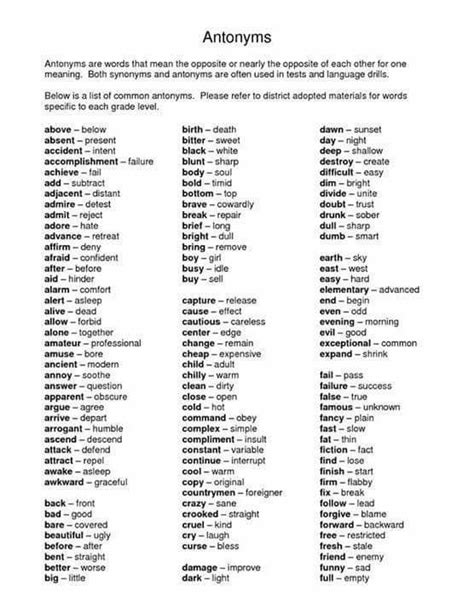 Antonym and Examples - Vocabulary Home