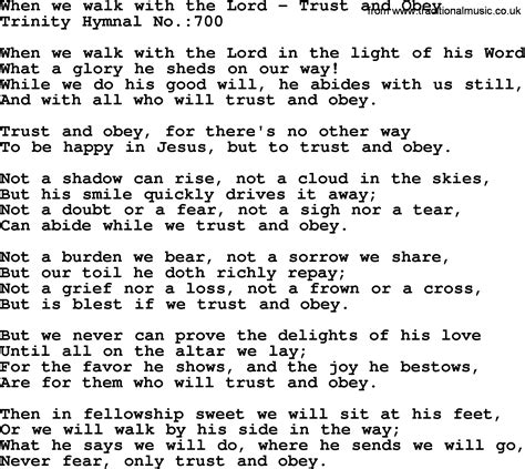 Trinity Hymnal Hymn: When We Walk With The Lord--Trust And Obey ...