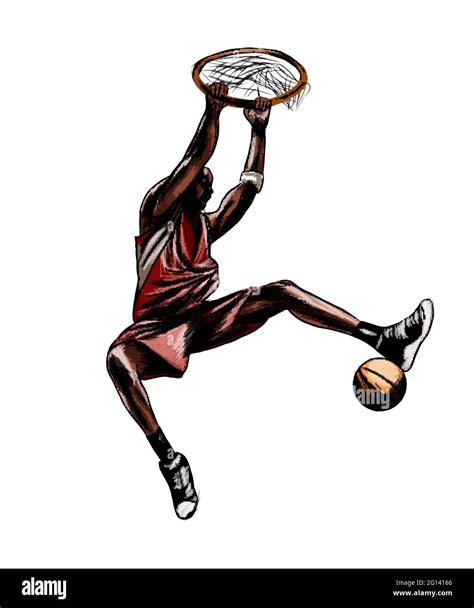 Abstract basketball player with ball from splash of watercolors ...