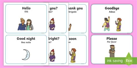 Greetings A5 Flashcards English/Portuguese - portuguese, eal