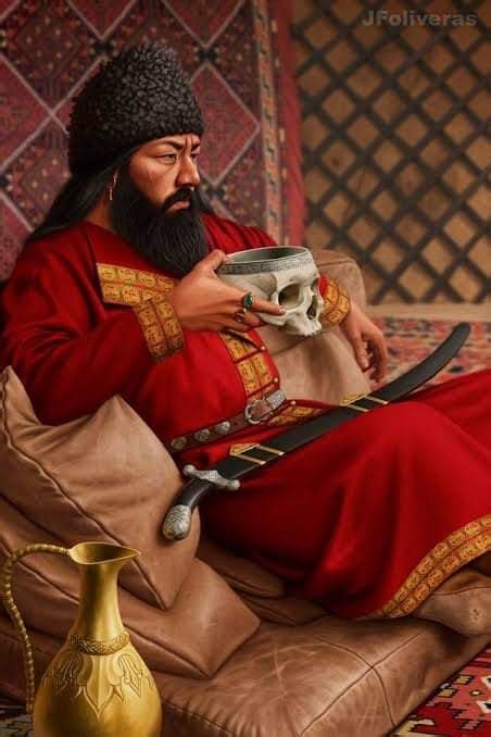 Pecheneg leader Kurya Khan drinking wine from the skull of the Russian Prince Svyatoslav. The ...