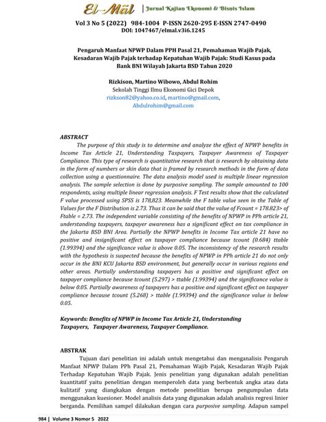 (PDF) Pengaruh Manfaat NPWP Dalam PPH Pasal 21, Pemahaman Wajib Pajak, Kesadaran Wajib Pajak ...