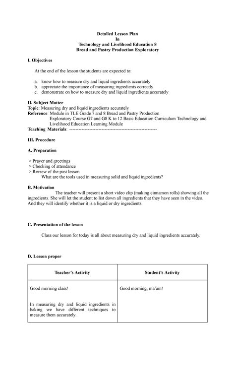 Measuring dry and liquid ingredients accurately - Detailed Lesson Plan In Technology and ...