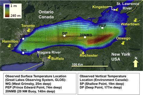 Lake Ontario bathymetry, inflow/outflow, seven weather stations around ...