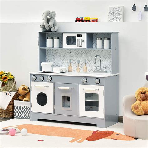 Buy HONEY JOY Kids Wooden Pretend Play Kitchen Set with Lights & Sounds ...