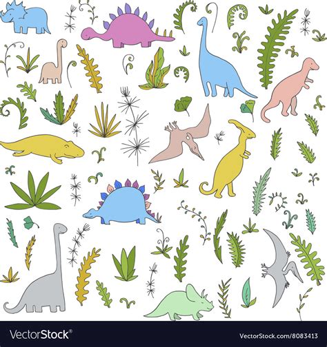 Dinosaurs and prehistoric plants set Royalty Free Vector