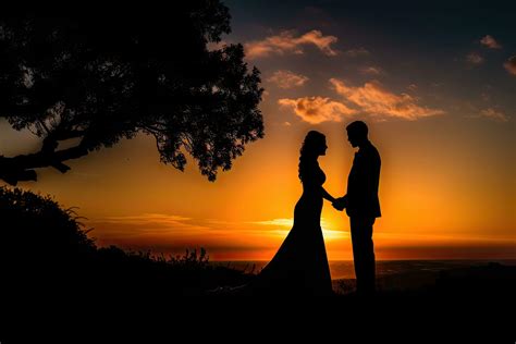 Silhouette of a newlywed couple on the background of the setting sun, New wedding couple ...