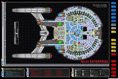 Colored schematic of Deck E; Columbia-class starship; U.S.S. Enterprise NX-01 | Star trek ships ...