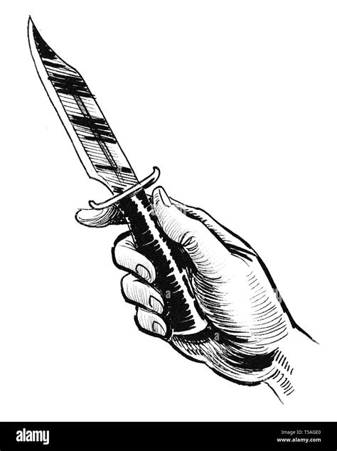 Hand holding a knife. Ink black and white drawing Stock Photo - Alamy