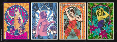 1960s - 1970s Psychedelic Posters Style Illustrations, Retro Women, Art Nouveau Frames ...