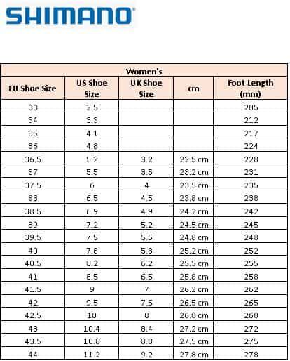 Shimano Cycling Shoes Size Chart (for both Men & Women)