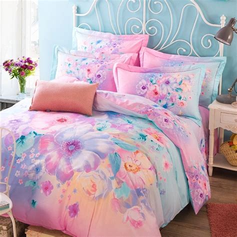 Soft Pink Aqua and Purple Beautiful Floral Print Pastel Style Elegant Girls 100% Organic Cotton ...