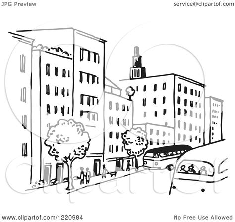 Clipart of a Black and White City Street - Royalty Free Vector ...