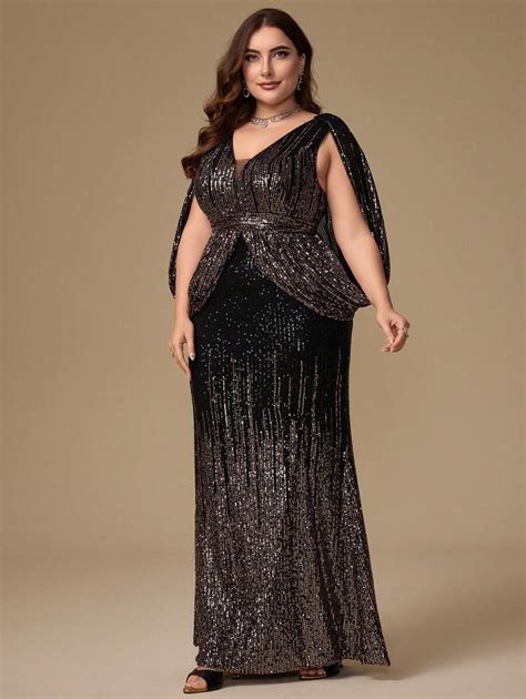 SHEIN LUNE Plus Size V-Neck Glittering Formal Dress | SHEIN USA