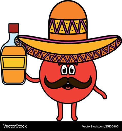 Mexican emoji with hat and tequila bottle Vector Image