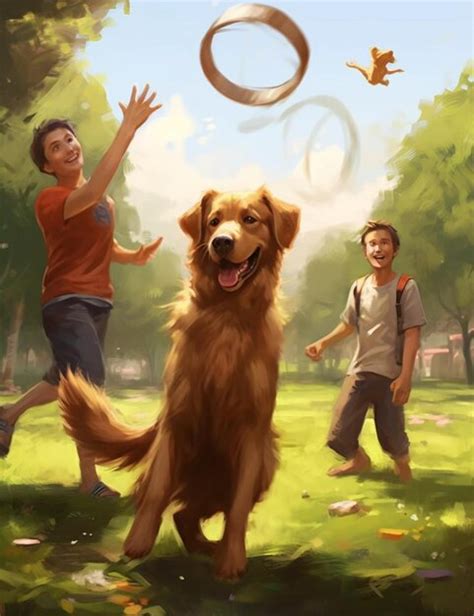 Premium Photo | Painting of two boys and a dog playing with a frisbee generative ai