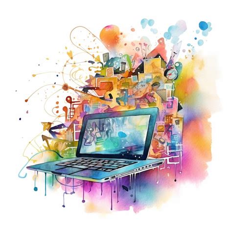 Premium Photo | Brightly colored watercolor illustration of a laptop with music notes and ...