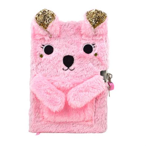 Kid Diary Notebook Glitter Fluffy Plush Pink Koala Design