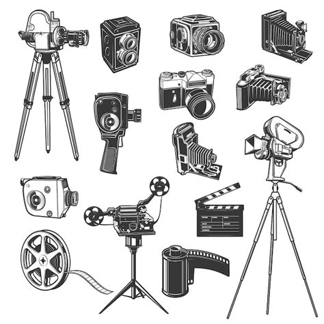 Premium Vector | Film studio equipment, movie shooting retro icons