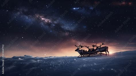 A sleigh pulled by reindeer flying in the night sky Generative AI Stock ...